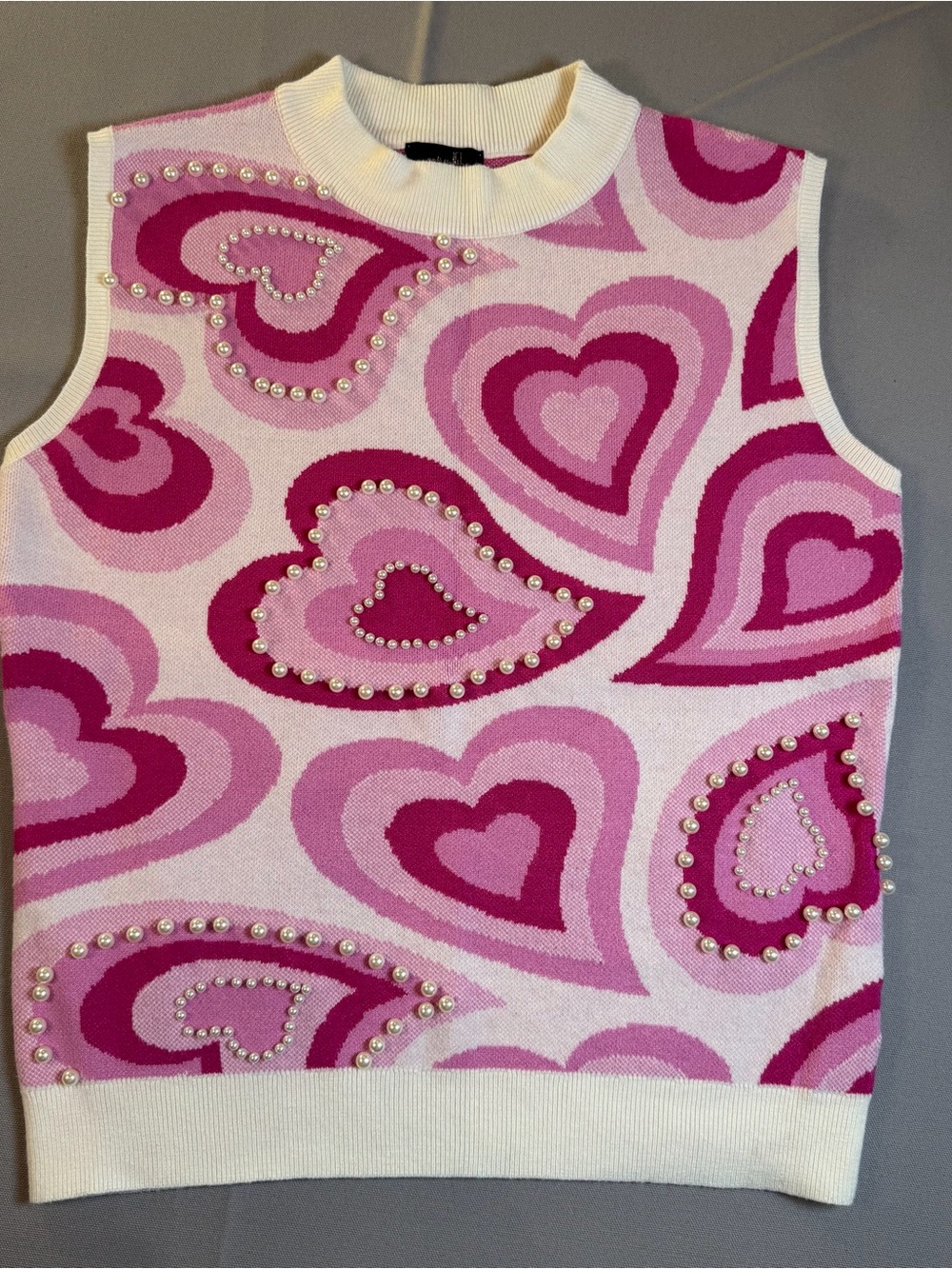 Women’s szL PinkRed Pearl-Embellished Heart Sleeveless Sweater Top Vest Love